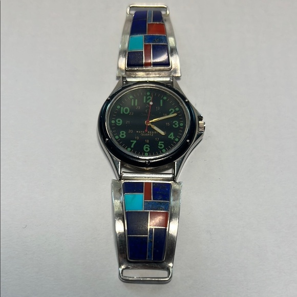 Silver Watch with Multicolor Inlay Band - Picture 1 of 3